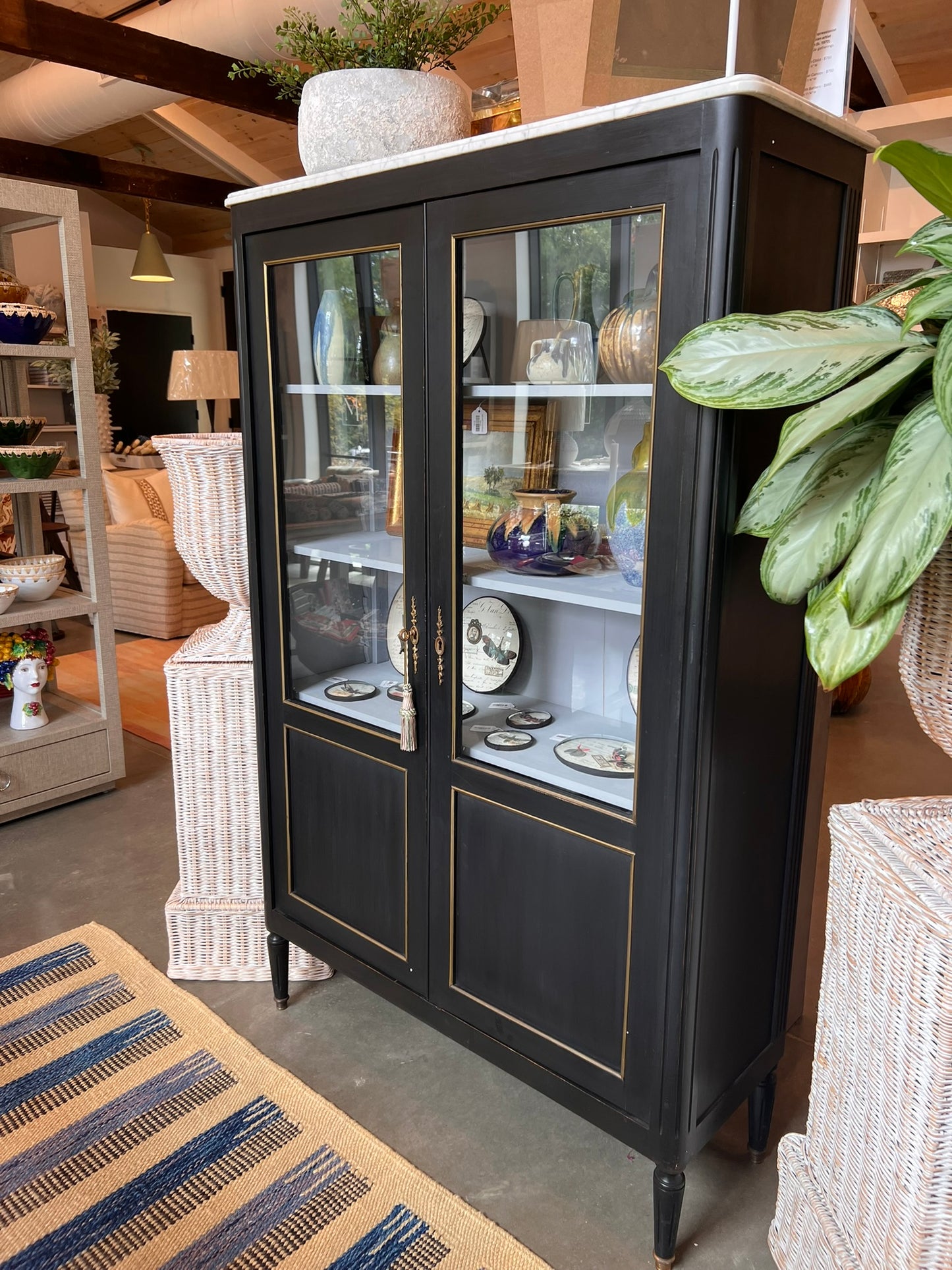 Antique French Black Bibliothèque with White Marble Top & Gilt Trim, circa 1900