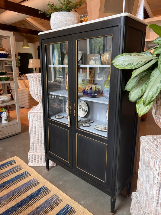 Antique French Black Bibliothèque with White Marble Top & Gilt Trim, circa 1900