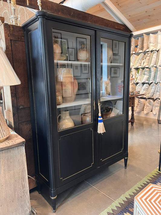 Antique French Louis XVI Black Vitrine with Gilt Beading, Paris, circa 1900