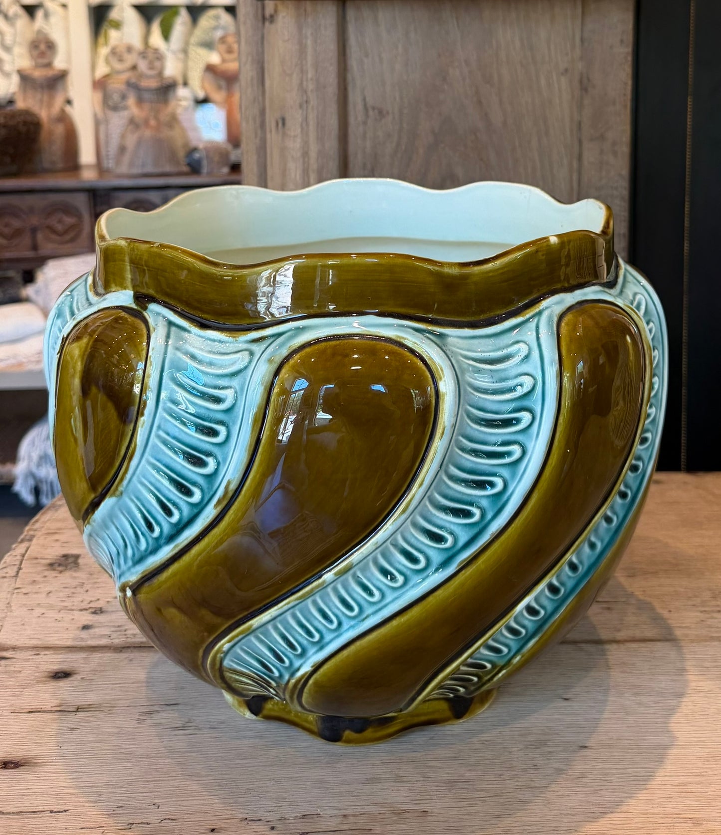 Vintage Green & Aqua Glazed Ceramic Vase / Planter, Early 20th Century