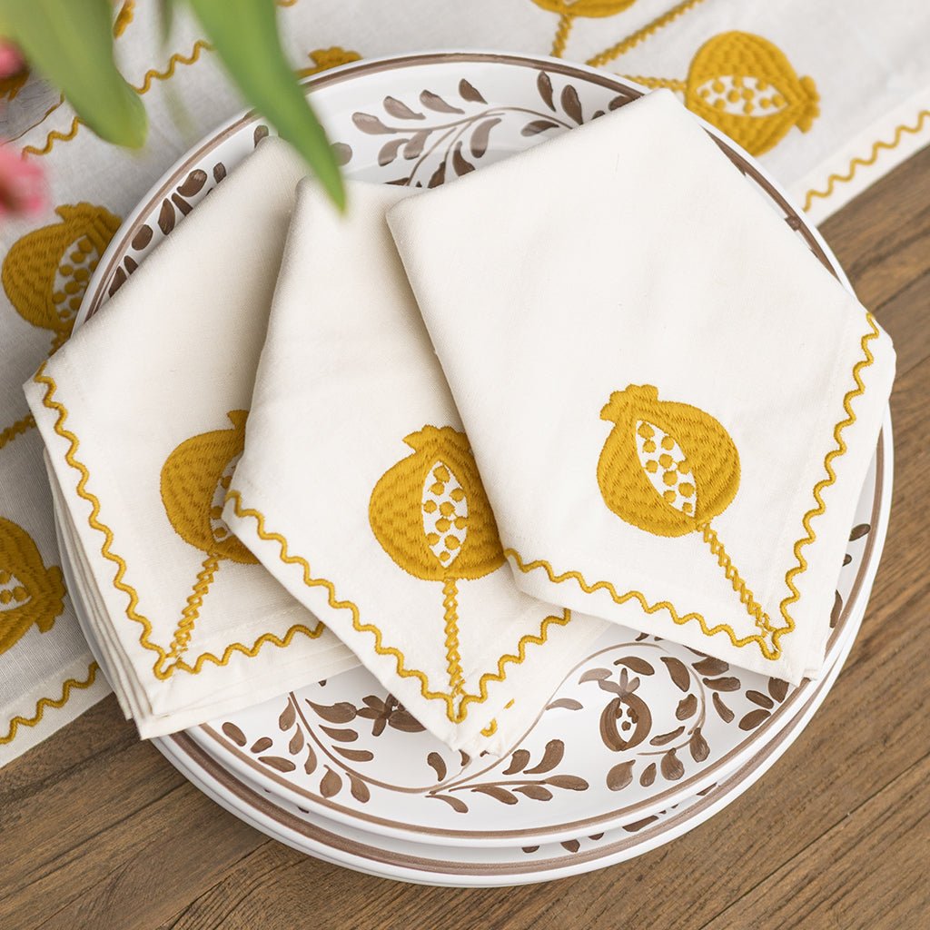 Pomegranate Crewel Ochre Napkin - set of 4