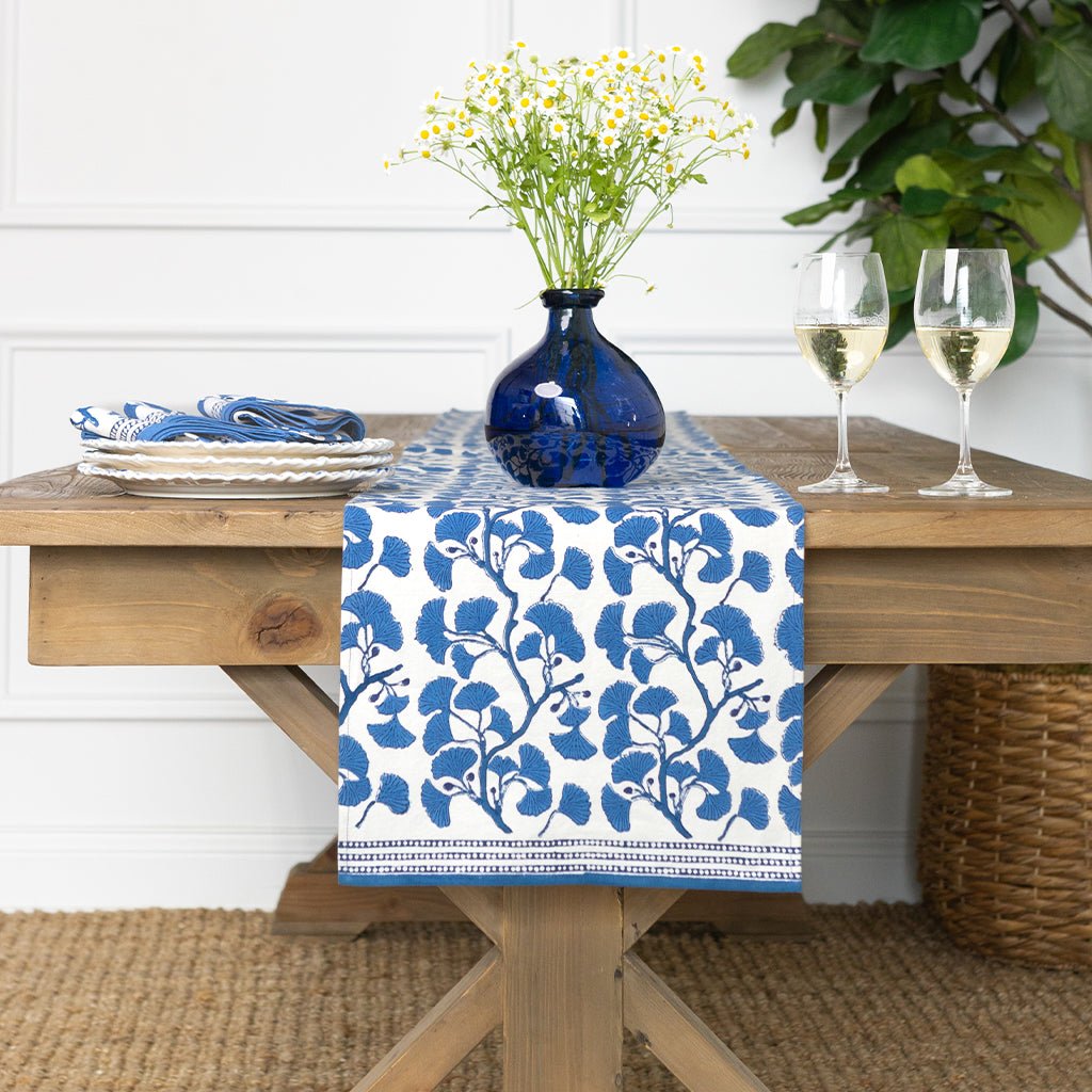 Pomegranate Ginkgo Blue Table Runner