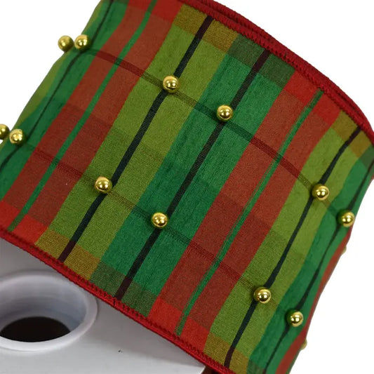 Traditional Christmas Plaid Ribbon with Gold Beads  4" X 10yd