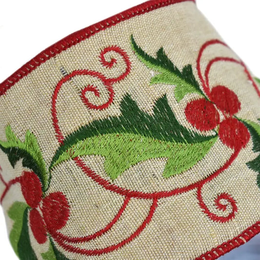 Natural Faux Dupioni Ribbon W/Embroidered Red/Green Holly